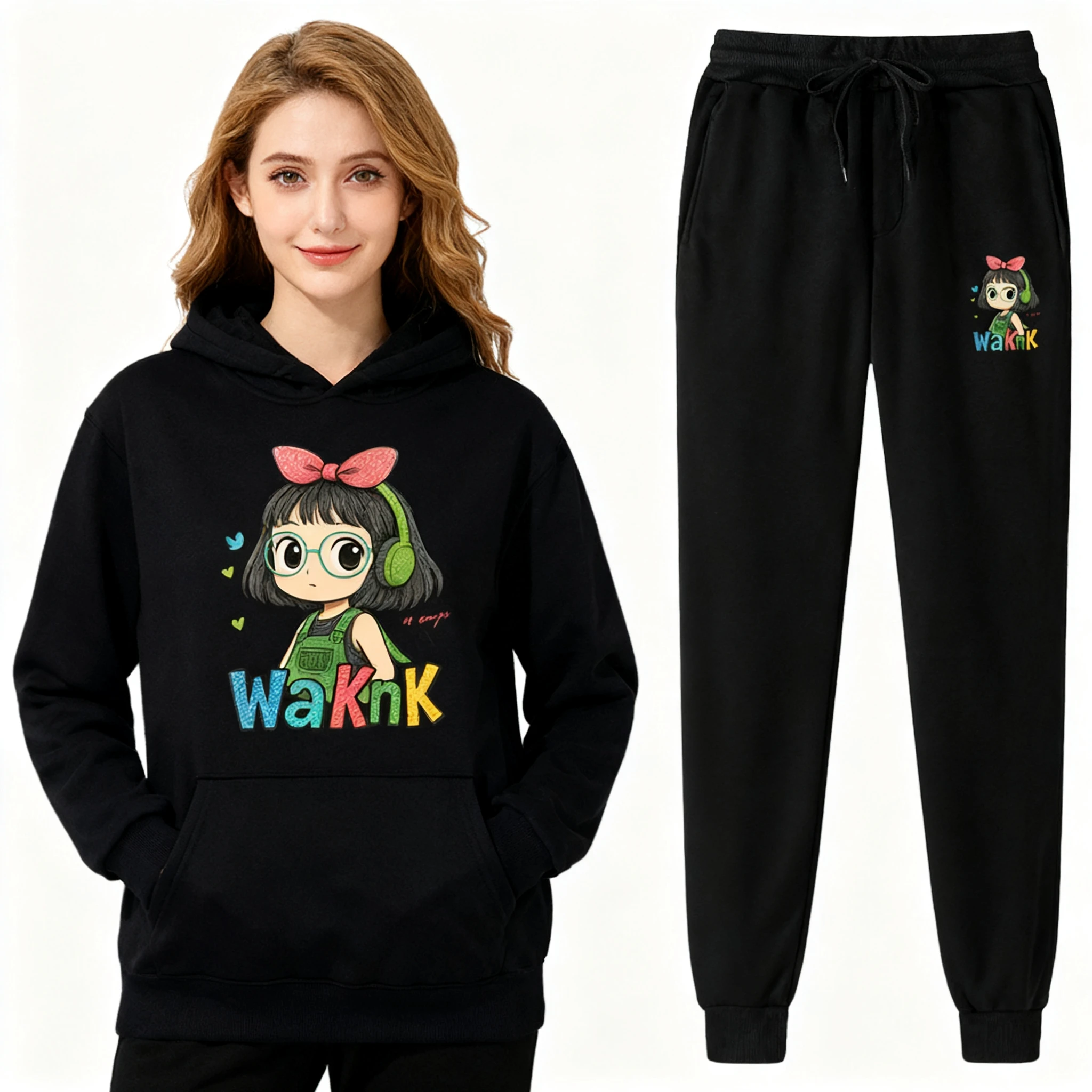 Ladies' Cozy Fleece-Lined Tracksuit Cartoon Printed Hoodie + Sweatpants, Skin-Friendly Outfit for Leisure