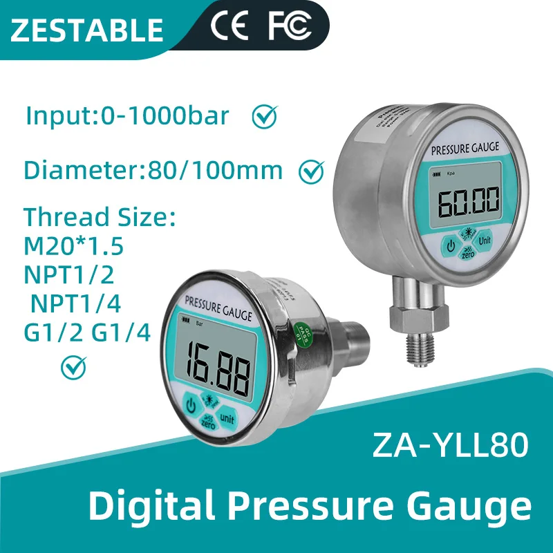 LCD Display Digital Pressure Gauge 80mm Air Pressure Meter ES-YLL80 Manomete Battery-Powered Psi/Bar/Kpa Water Pressure Gauge