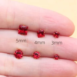 Pendientes pequeños redondos y cuadrados de acero inoxidable 316L, piedra de cristal rojo, plantación IP, No se decolora, antialérgico, 3 m, 4 m, 5m