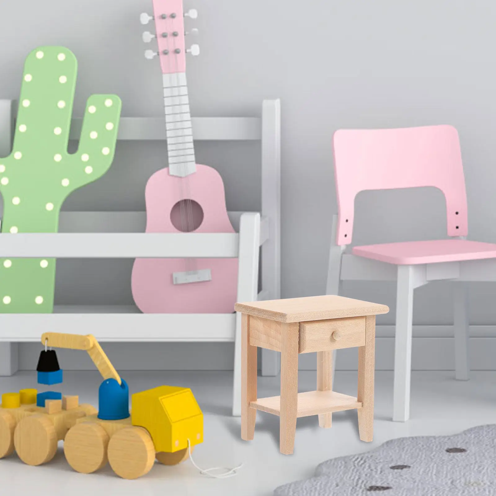 

Premium Mini House Bedside Table 1:12 Scale Natural Wood Finish Nightstand for Realistic Room Layout Decoration Piece