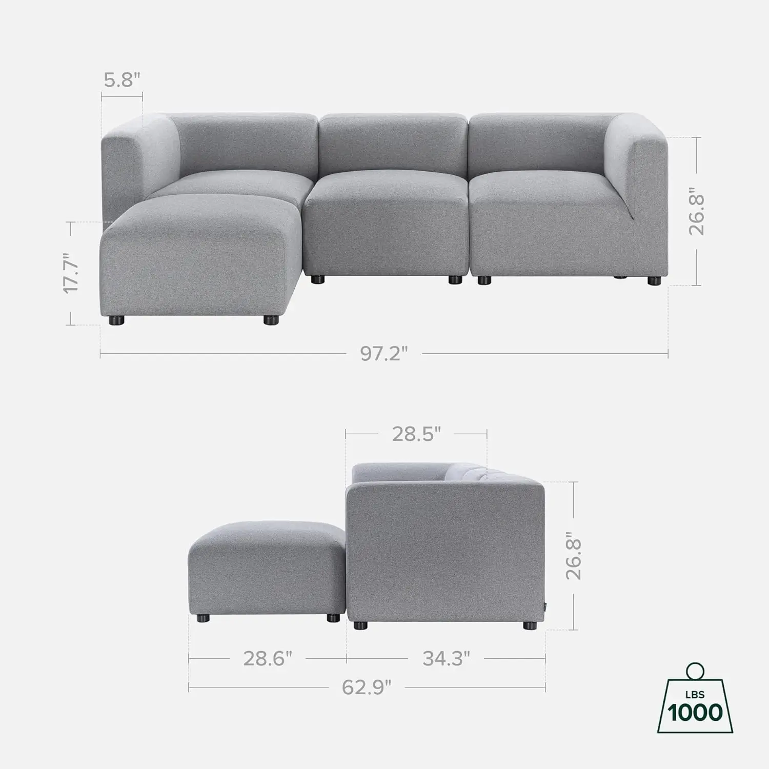 Reversible Chaise Sectional Sofa, Modern Style, Flexible Modular Design, Easy Tool-Free Assembly, Grey