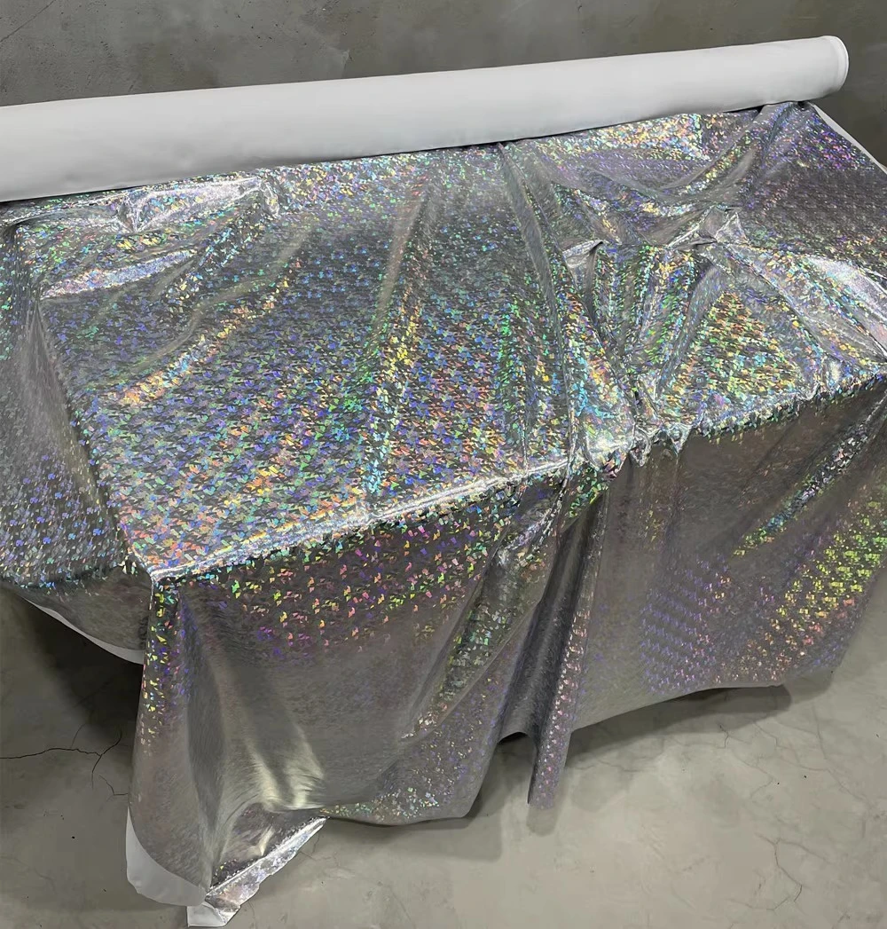 Colorful silver iridescent hot stamping elastic fabric glass shards mermaid scales swimsuit background designer fabric