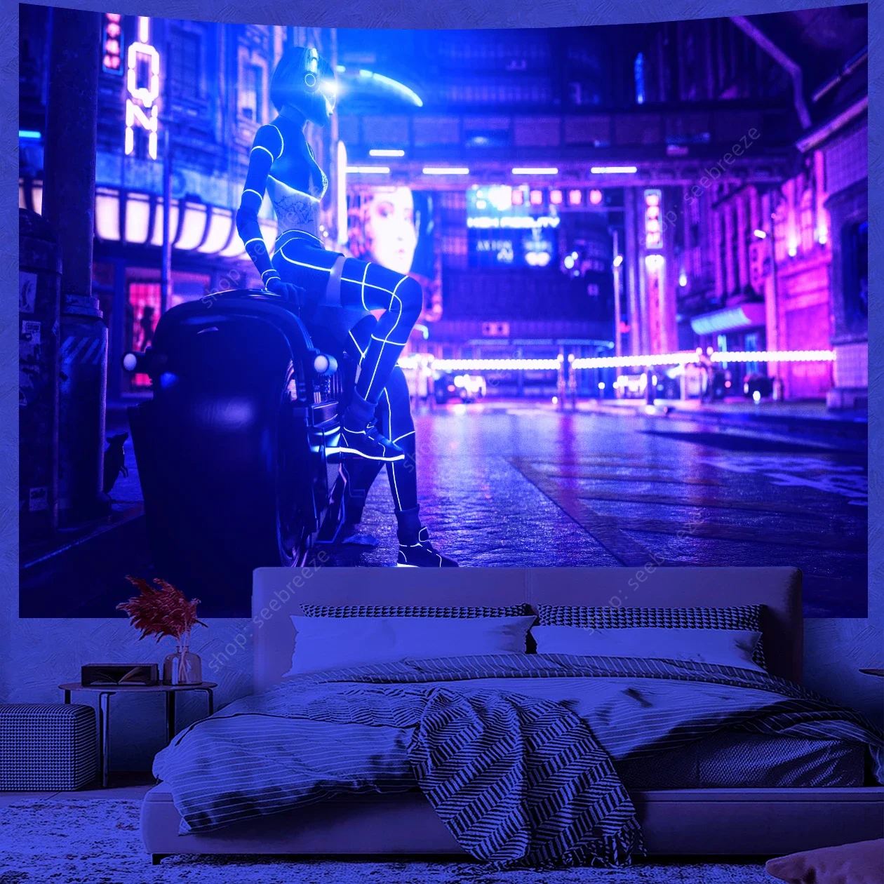 

Cyberpunk Motorcycle Girl UV Reactive Tapestry Wall Hanging Kawaii Room Decor Aesthetics Bedroom Dorm Wall Decor Gift for Friend