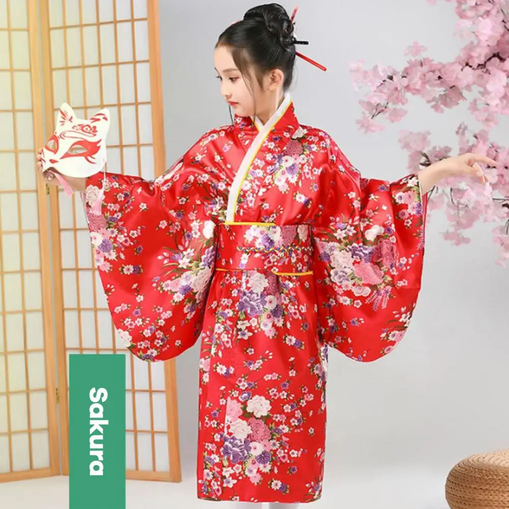 

Children Kimono Dress Vibrant Cherry Blossom Print Japanese Kimono Sets for Girls' Cosplay School Performances Traditional