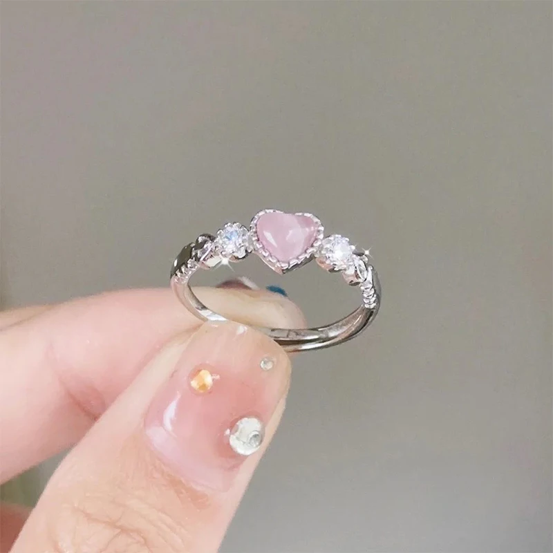 Vintage Silver Pink Heart Opal Ring Cute Punk Style Creative Women's Finger Ring Charm Jewelry Accessory