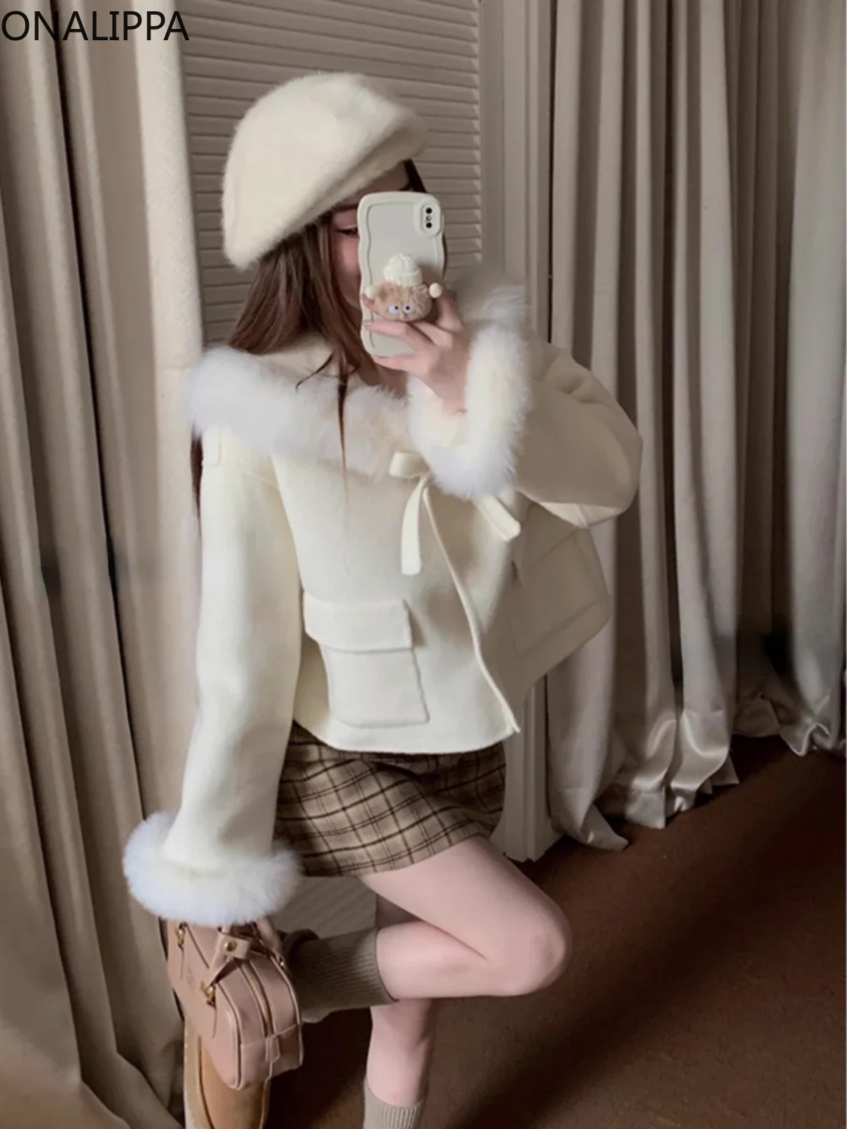 Onalippa Furry Patchwork Wool Coat Women Lace Up Bow Womens Winter Clothing 2022 Princess Style Sailor Collar Kawaii Jackets