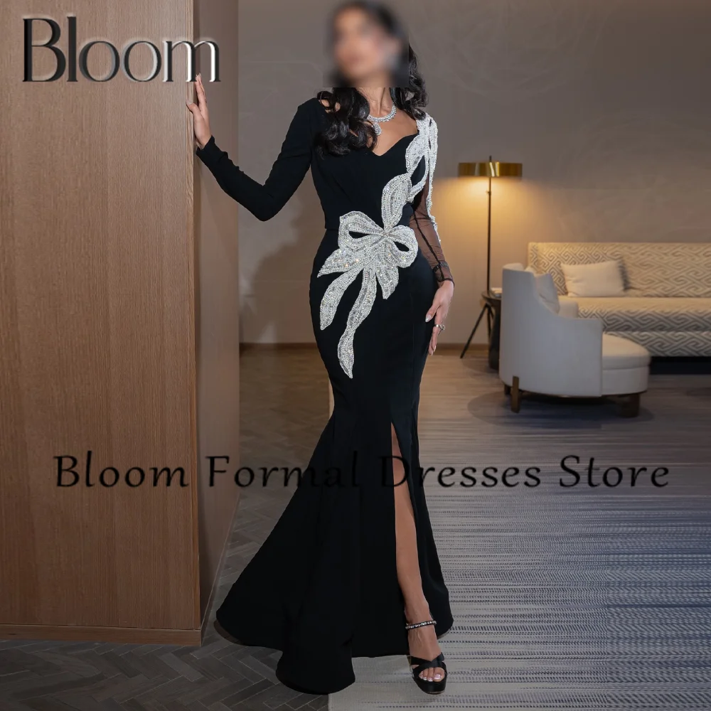 Bloom Long Sleeves Contrast Color  Mermaid Sweep Train Side Silt Sequined V Neck Zipper Back Classic Celebrity Evening Dress