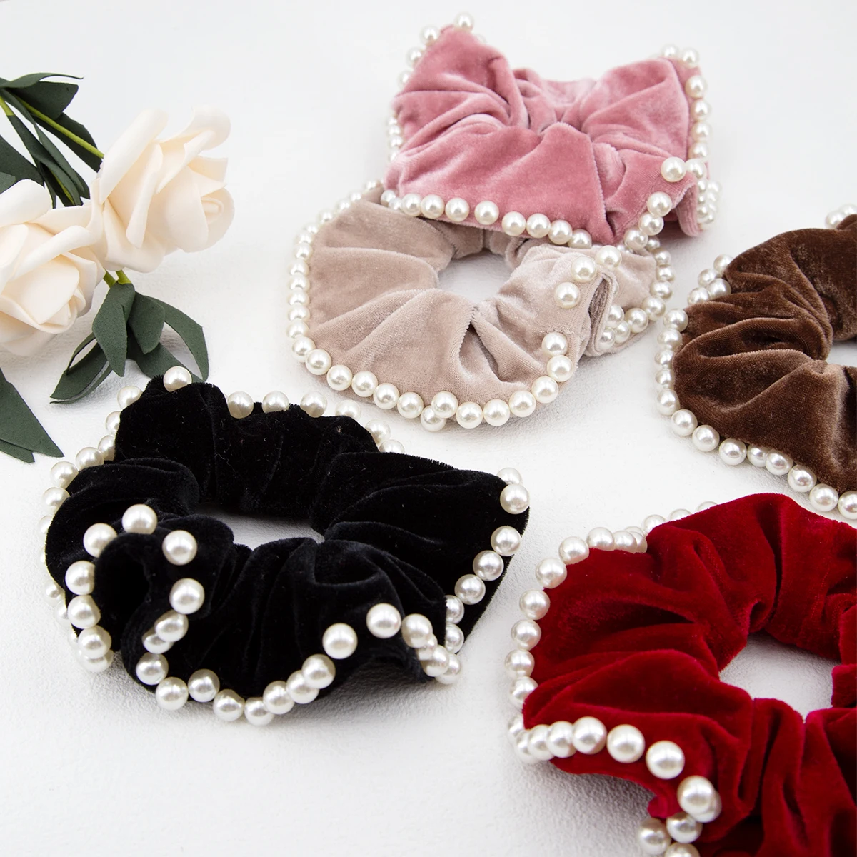 14 cm Französisch Vintage Perle Samt Scrunchies Haargummi Dickdarm Haarband Einfache Elastische Haarband Kopfbedeckung Haar Zubehör