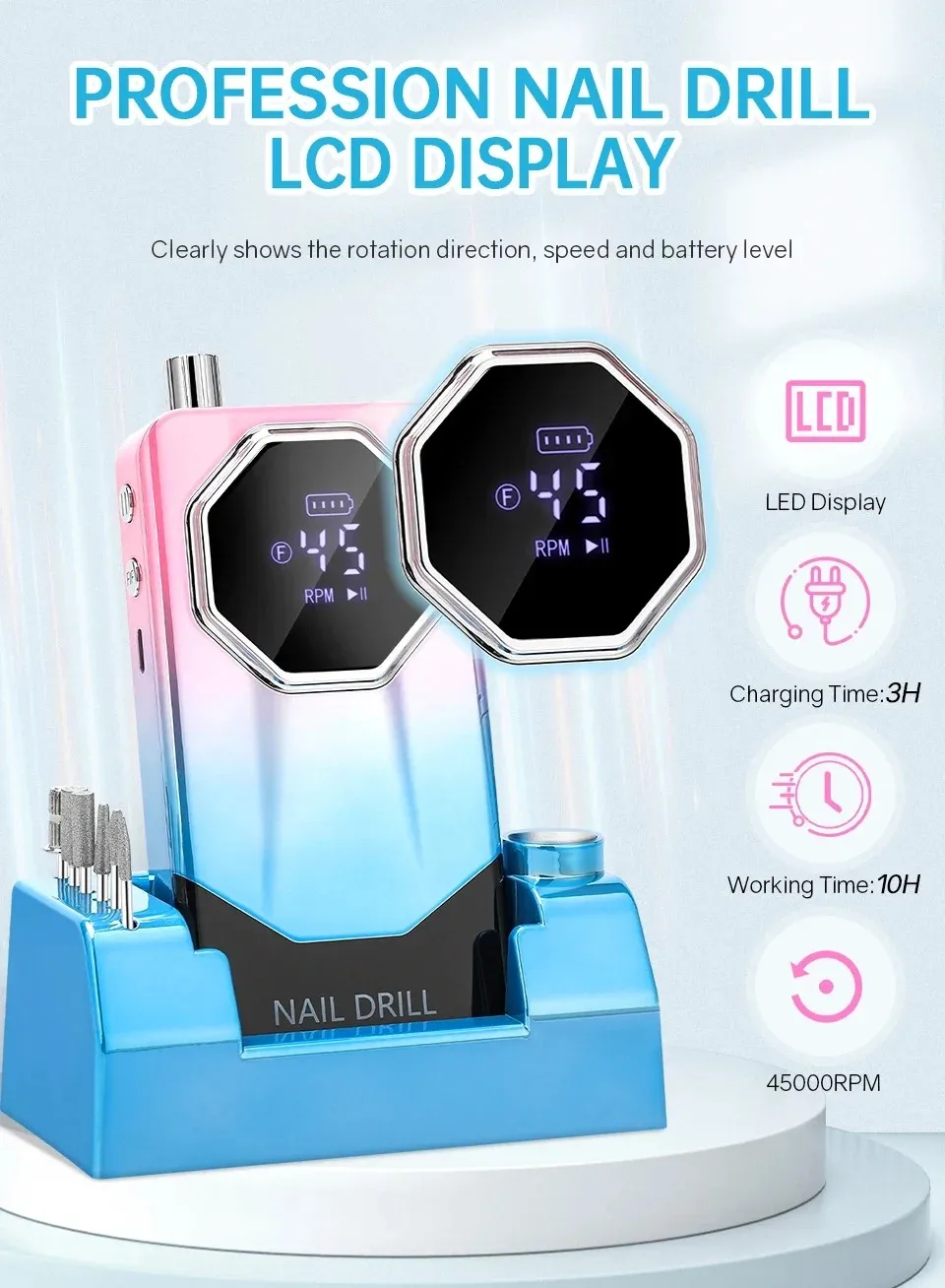 Frezarka do paznokci 45000 obr./min z dużym wyświetlaczem LCD, akumulatorowa, do paznokci, żelu, lakieru akrylowego, elektryczna szlifierka, przenośny pilnik do manicure
