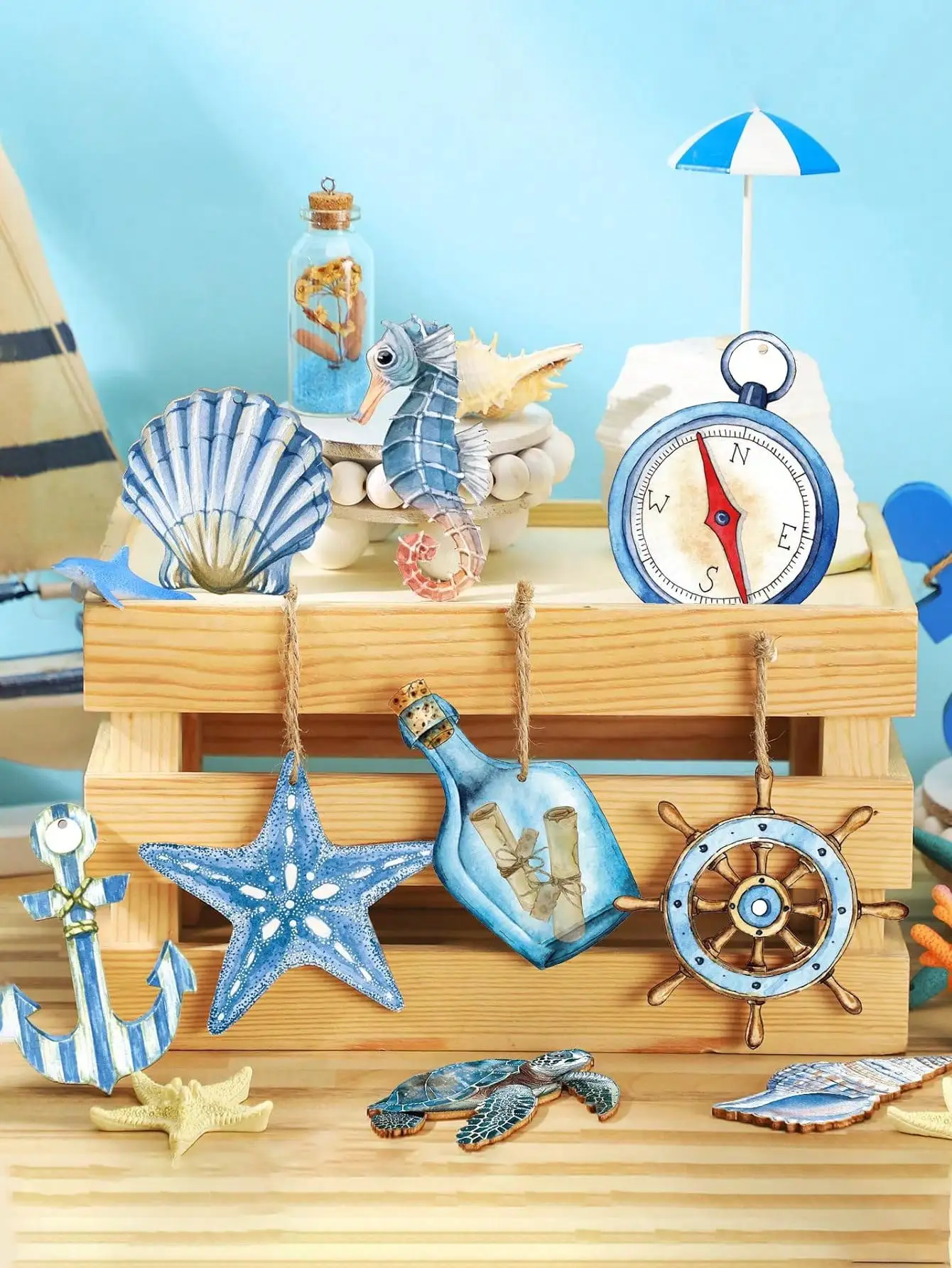 12pcs- Summer beach wooden decorations, blue ocean, tree decorations, nautical coastal theme hanging ornaments, anchors, turtle