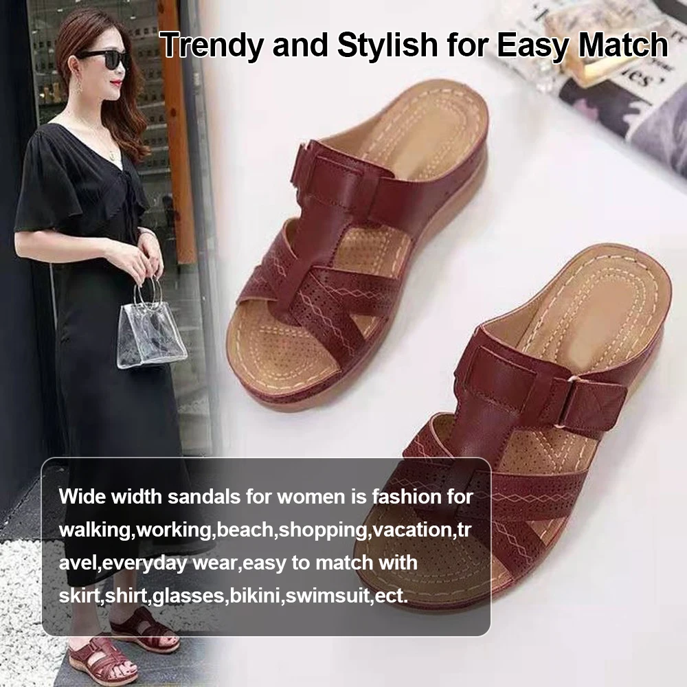 صنادل نسائية كلاسيكية ذات نعل سميك سهلة الارتداء عند أصابع مفتوحة، صنادل جلدية مريحة للمشي على الشاطئ مع دعم قوس للصيف