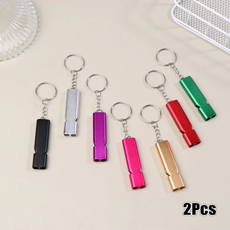 2Pcs Portable Aluminum Safety Whistle Double Pipe Whistle Keychain High Decibel Outdoor Camping Multifunction Survival Whistle