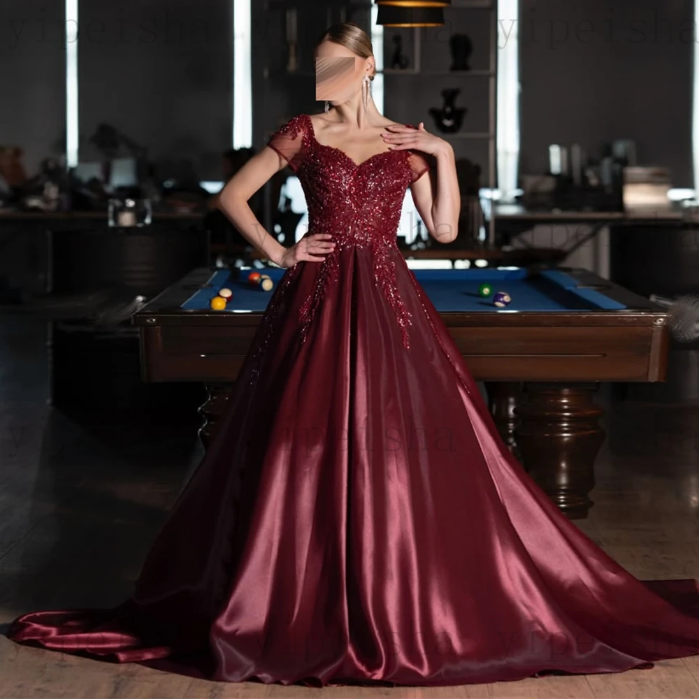 カスタマイズされた恋人フォーマルイブニングドレス半袖スパンコールビーズレースアップリケ A ラインウエディングドレスロングサテンパーティードレス