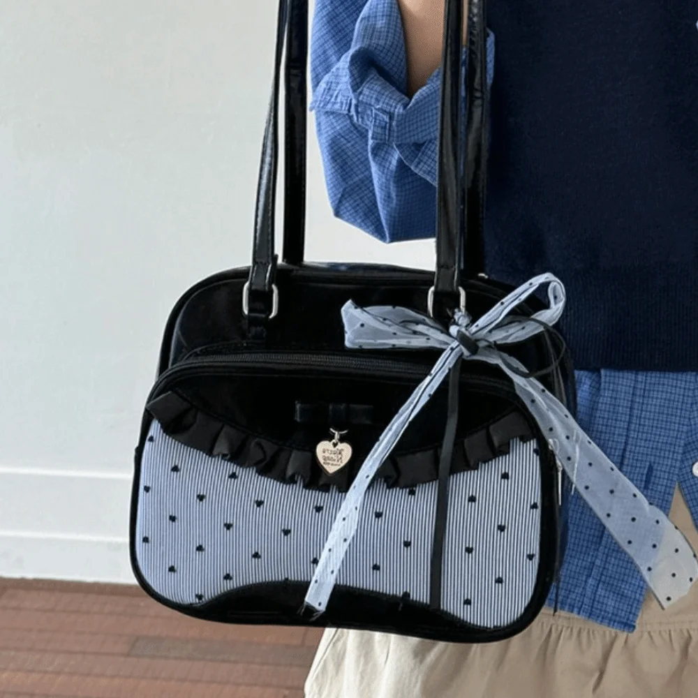 

Модная корейская стильная сумка для боулинга с бантом и лентой, элегантная кружевная лента, бостонская сумка на плечо, большая вместительная повседневная женская сумка для путешествий