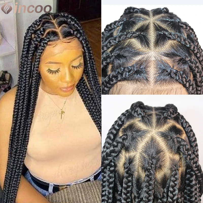 

36" Cornrow Braided Lace Wigs Triangle Box Full Lace Braided Wig Synthetic Handmade Knotless Braids Wig for Women With Baby Hair