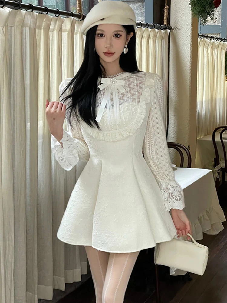 Herfst Winter Witte Jacquard Patchwork Kant Lange Mouw Jurk Vrouwen Koreaanse Chic Boog Kraag Jurk 2025, Elegante Chic Kawaii Jurk