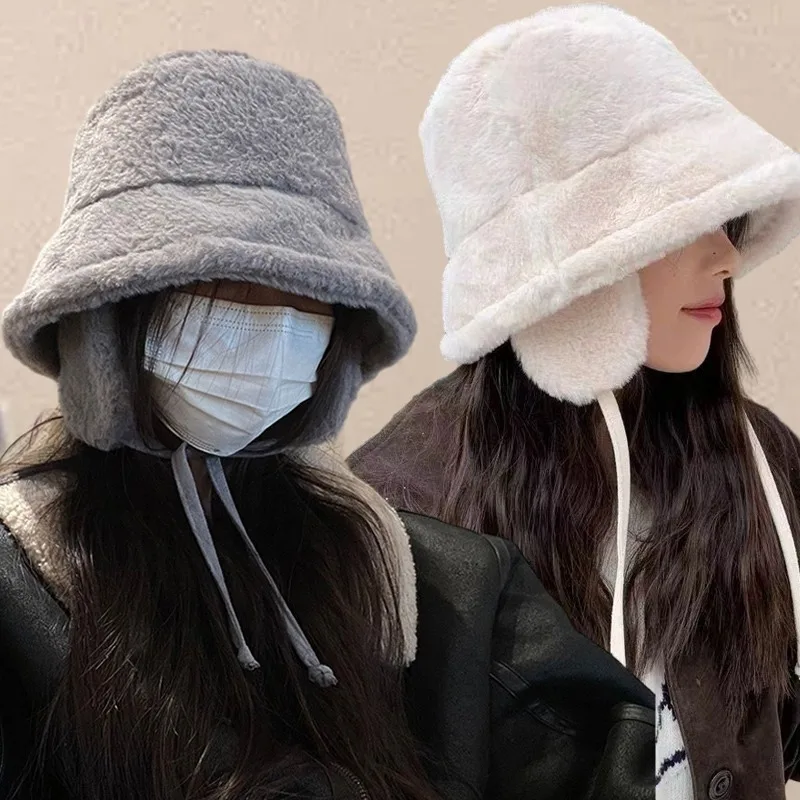 New Ear Protection Bucket Hats Korean Women Faux Fur Ear Warm Fisherman Hat Girls Outdoor Plush Lace-up Headwear Bucket Caps