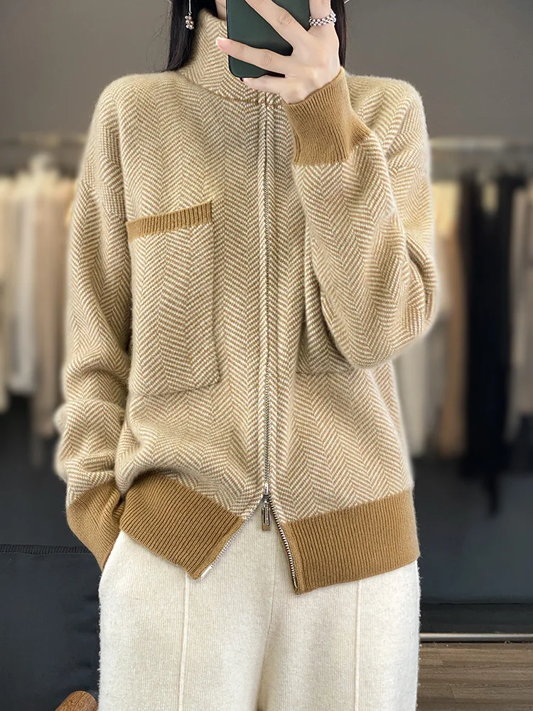 

2024 100% Merino Wool Sweater Casual Turtleneck Fancy Yard Cardigan Knitwear Zippers Geometric Cashmere Overcoat Clothing Tops