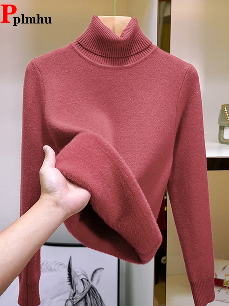 

Winter Turtleneck Slim Sweater Knit Pullover Korean Pulls Soft Knitwear Jumper Womem Warm Poleras Plush Lined Thicken Sueter Top