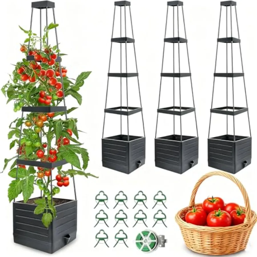 

Raised Garden Bed 4 Packs Planter Boxes with Trellis 58.3'' Tomato Planters for Climbing Vine Vegetables Flowers Plants Self Wa