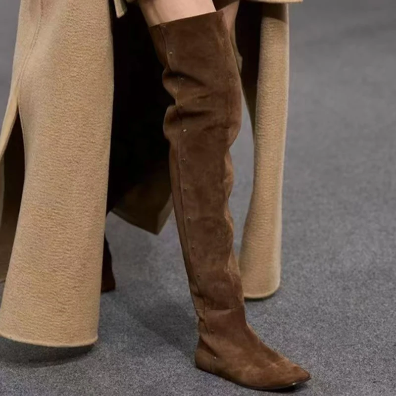 Women Rivet Side Zipper Over The Knee Flat Boots Retro Suede Square Toe Stacked Thigh High Boots Fall Winter Casual Long Boots