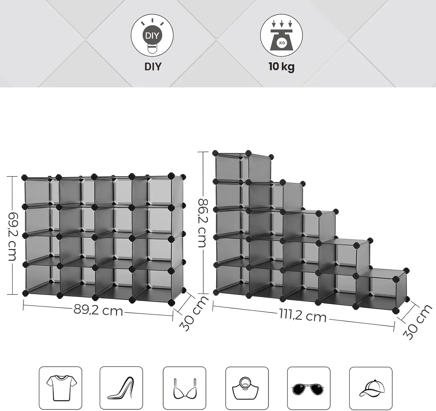 SONGMICS 16-Cube Storage Unit, Shoe Rack, DIY Shelving System, Stackable Cubes, PP Plastic Shelf, Wardrobe, Closet Divider