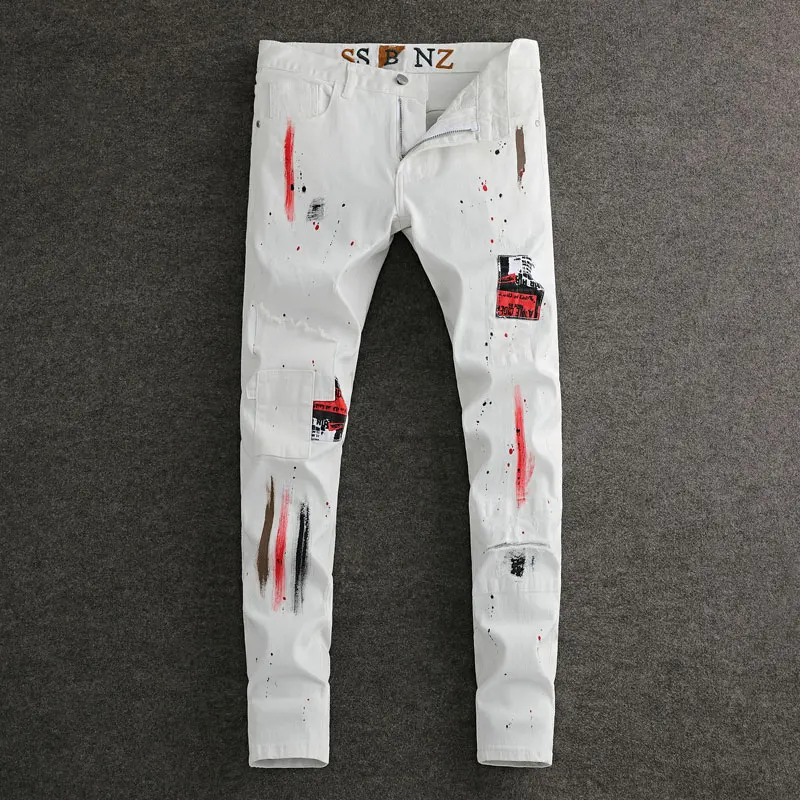 Moda de rua calças de brim dos homens branco estiramento fino ajuste remendado rasgado jeans masculino pintado designer hip hop vintage denim calças hombre