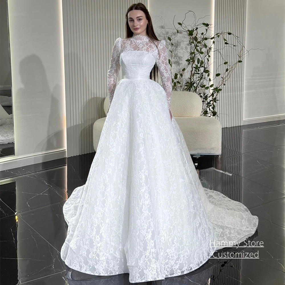 Modisches Hochzeitskleid Arabisches Brautkleid Maßgeschneidert Hochgeschlossener Kragen Lange Ärmel Spitze Schleppe A-Linie Damen Brautkleider