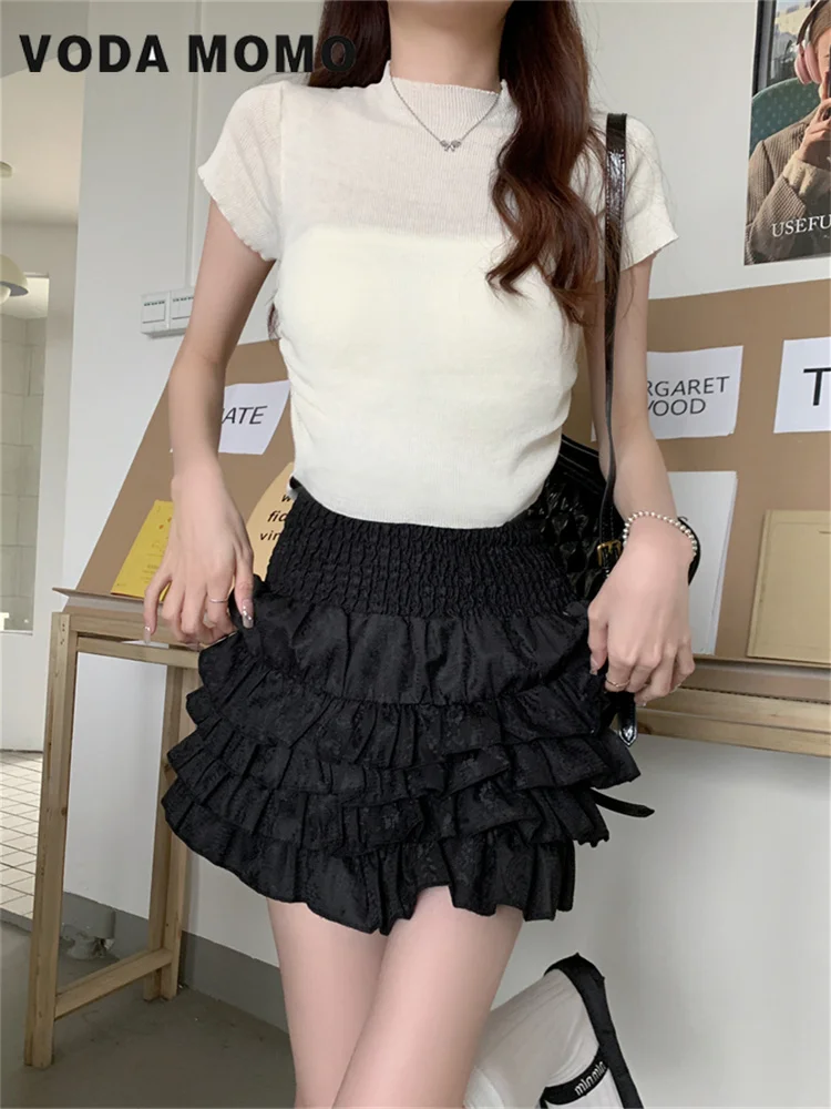 Korean Fashion Women Empire Sweet Skirt Lovely Dating Women Girls Skirts Lace Patchwork Summer Y2k Fluffy Skirt Solid Vintage