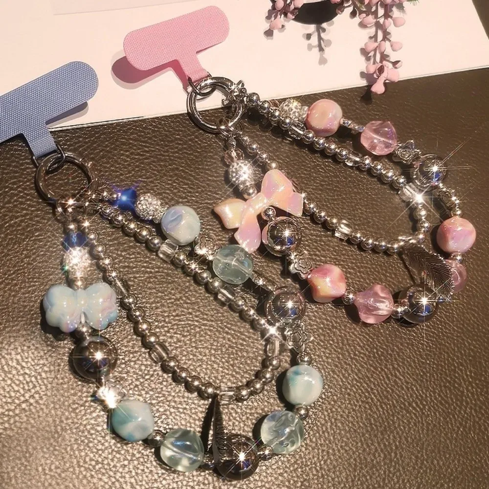 

Phone Case Pendant Feather Beaded Phone Chain Cute Bow Bead Phone Pendant Sweet Cartoon Phone Wrist Strap Decoration