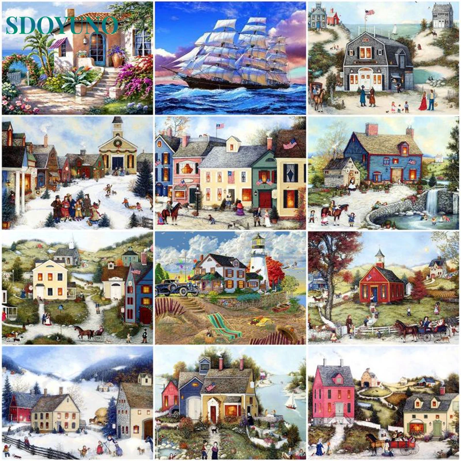 

SDOYUNO Oil Painting By Numbers Adults Kits House On Canvas With Frame Acrylic Painted Wall Art Picture By Number DIY Home Decor