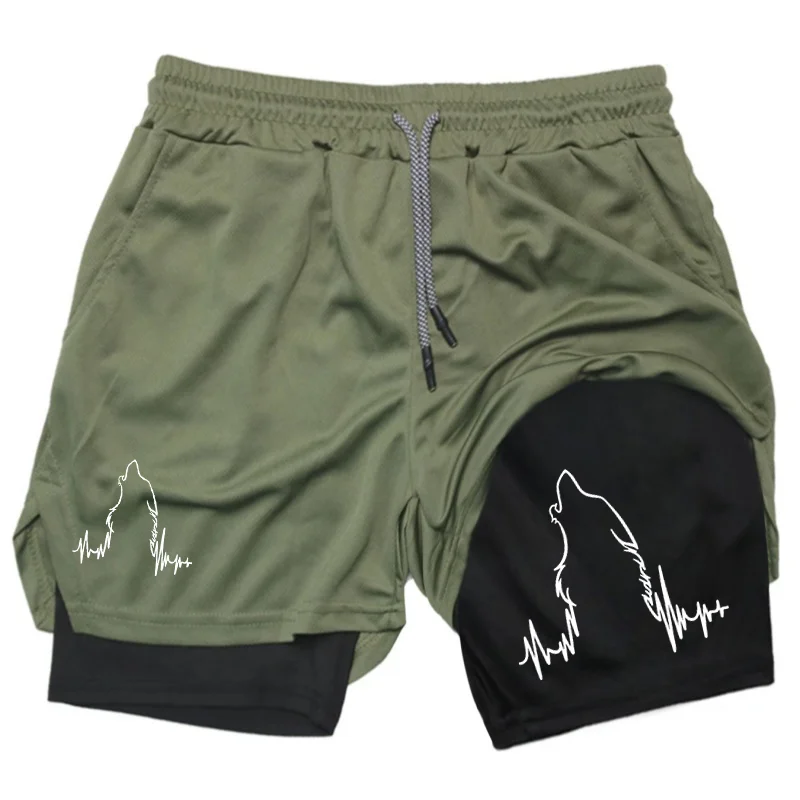 Howling Wolf Print 2 in 1 Running Shorts for Men Gym Workout Compression Shorts with Phone Pocket Towel Loop  SportSummer