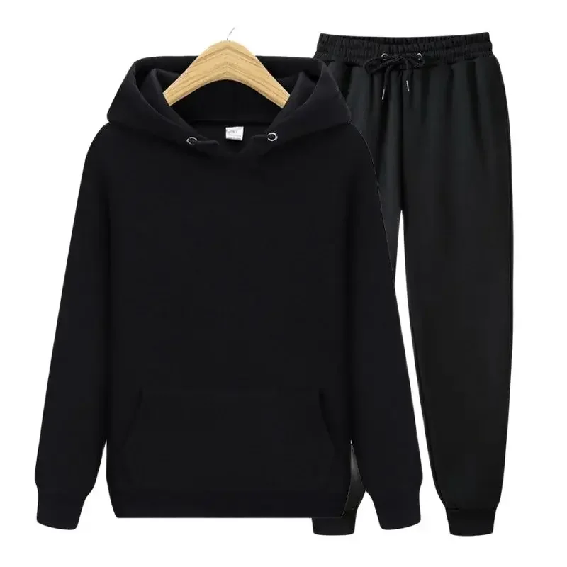 Men Solid Color Casual Hooded Sweatshirt Suits Autumn Winter Elasticated Waist Lace-up Long Pants New Male Sports Two Piece Sets