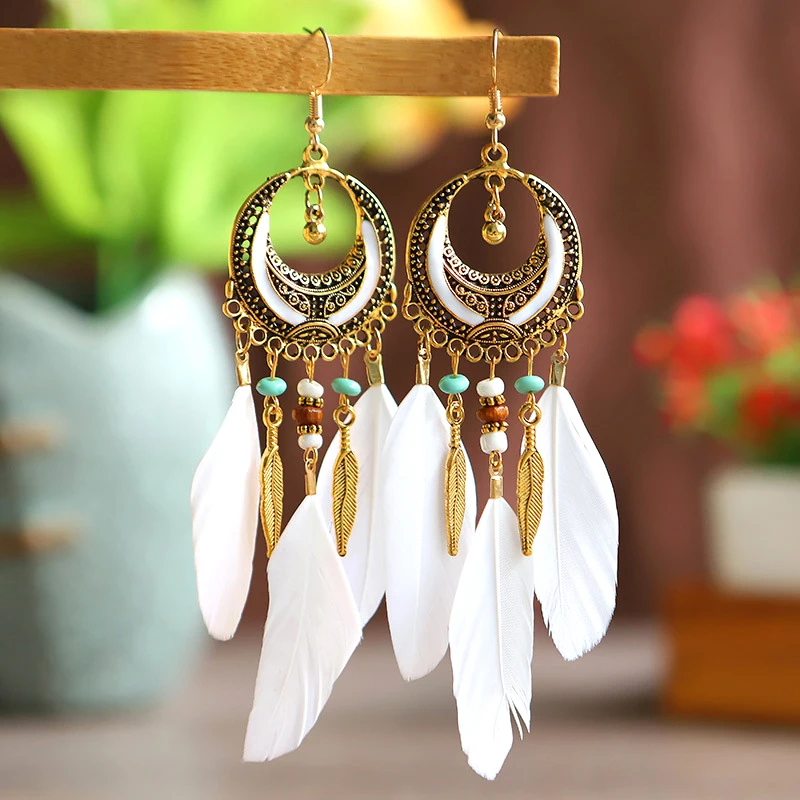 Antique Gold Color Crescent Design Feather Earrings for Women Long Ethnic Elegant Earring Boho Party Vacation Daily Jewelry