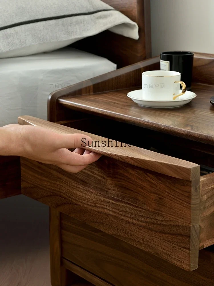 North American black walnut bedside table all solid wood double drawer storage bedroom home  FT
