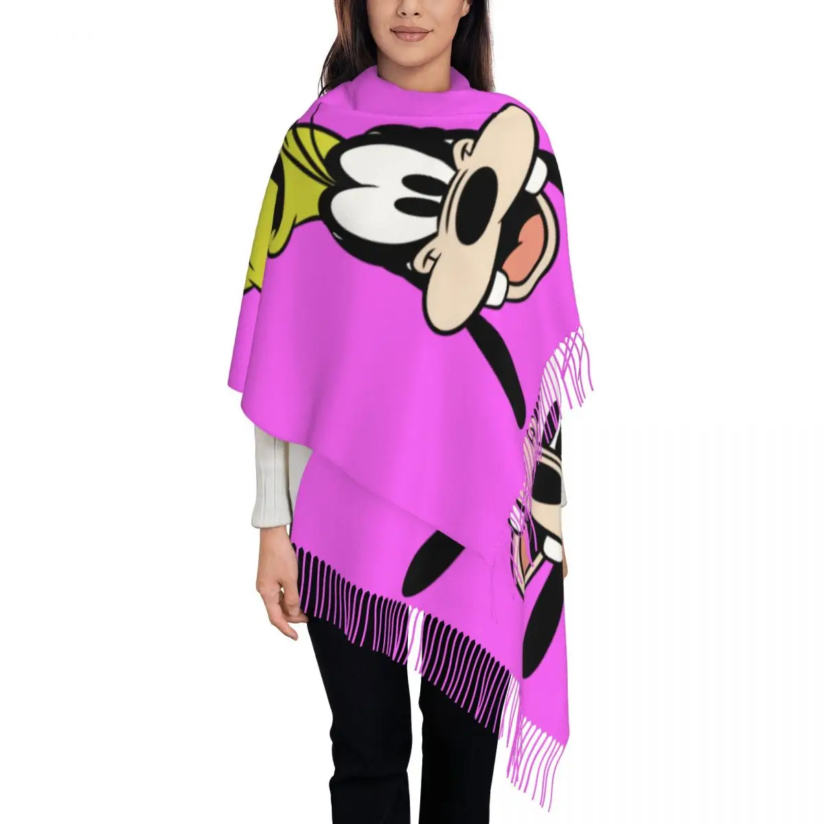 

Custom Cute Cartoon Goofy Scarf Wrap Women Long Winter Fall Warm Tassel Shawl Unisex Scarves