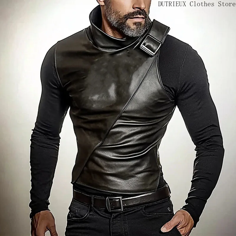 Autumn/winter New Motorcycle Punk Leather Hoodie for Men, High Neck Slim Patchwork Cool Man Black Leather T-shirt Fashion Hoodie