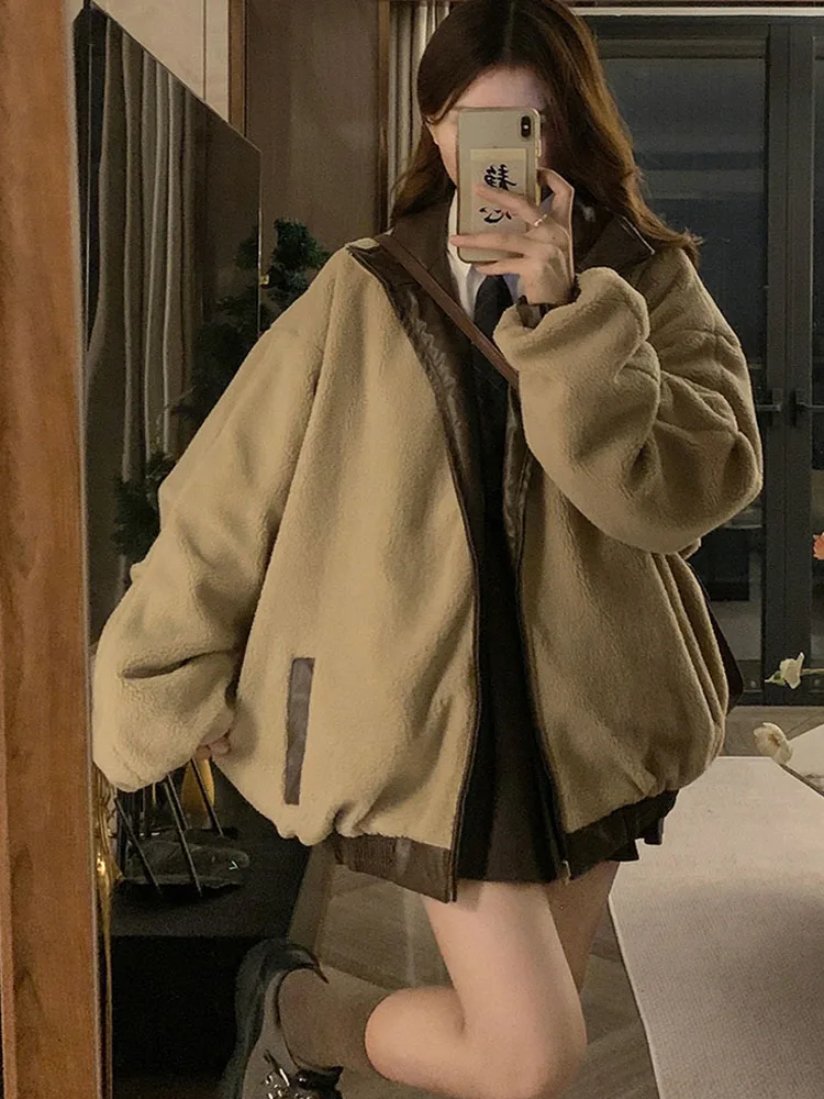 แฟชั่น PU หนังแจ็คเก็ต Lambswool Coat ทั้งสองด้านหญิง Y2K ฤดูหนาวใหม่กํามะหยี่หัวรถจักรผ้าฝ้ายเบาะ