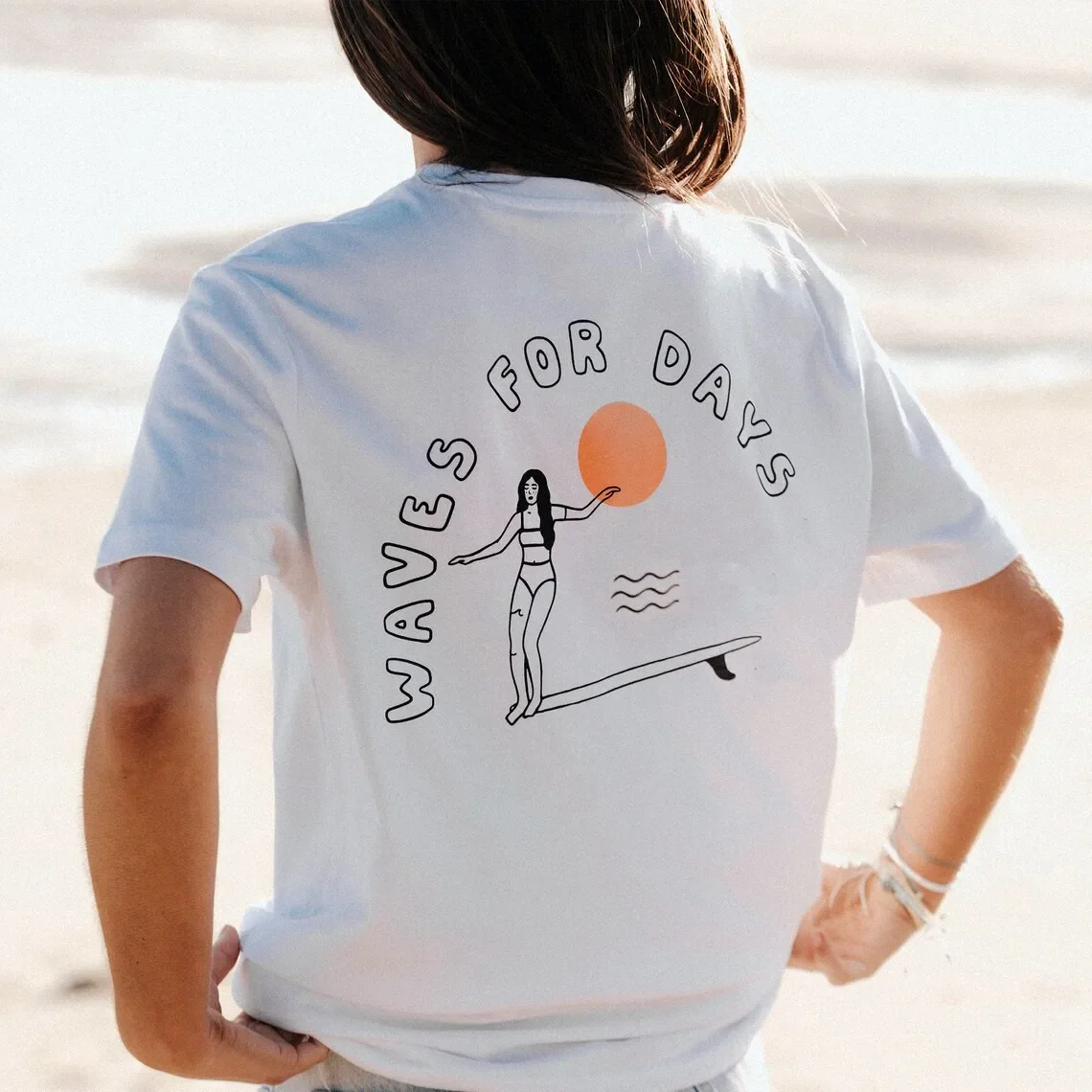 

Vintage Style Loose Cotton Graphic Tops Waves For Days Printing Vintage Unisex White Short Sleeve T Shirts Tumblr Fashion Tees