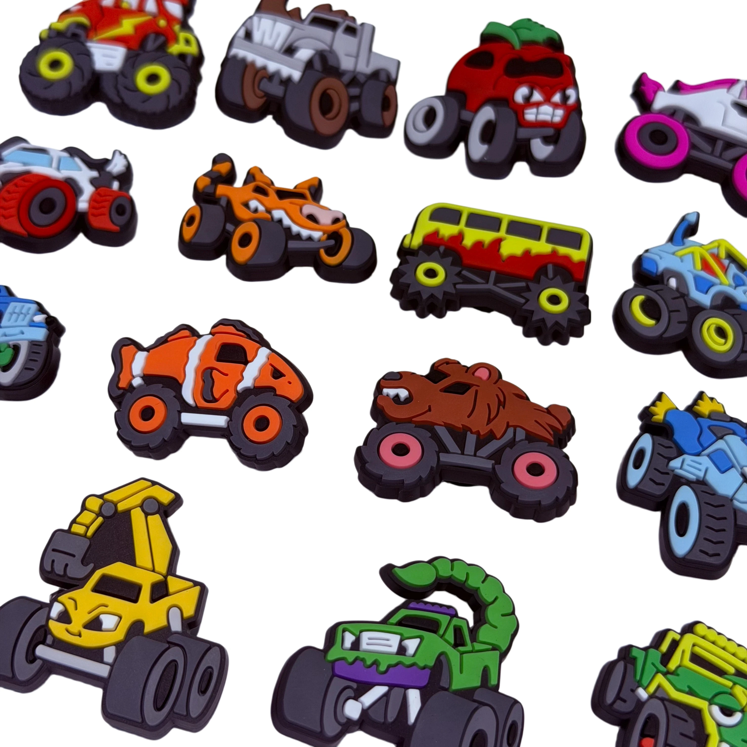 New Arrival 20-100Pcs Monster Cars PVC Shoe Accessories Frog Shark Trucks Adult Sandal Charms DIY Cool Wristband view 2