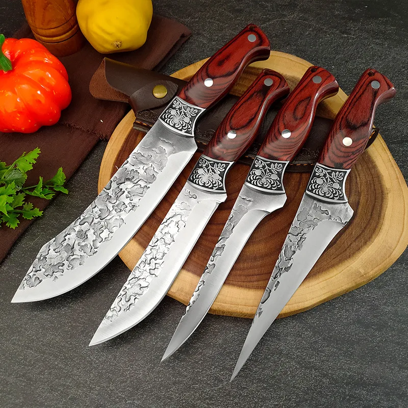 

4 PCS Knives Set Chefs Cleaver Slicing Boning Utility Paring Barbecue Professional Kitchen Knives Handmade Messer Wood Handle