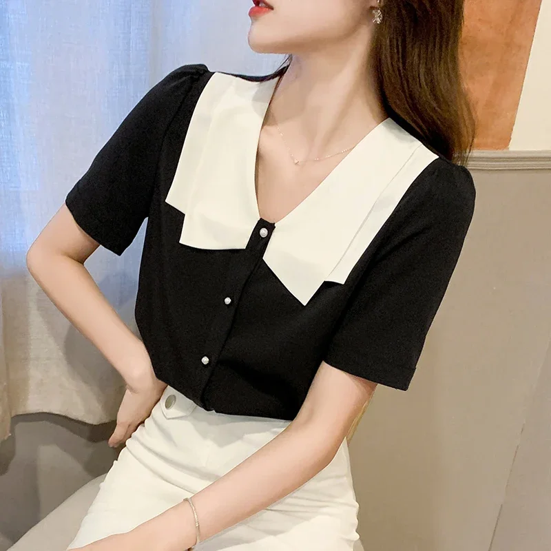 New Fashion Summer Black Blouse Shirt Women Tops Blusas Mujer De Moda 2024 Verano Short Sleeve Blouse Women Blouses Blusa F59