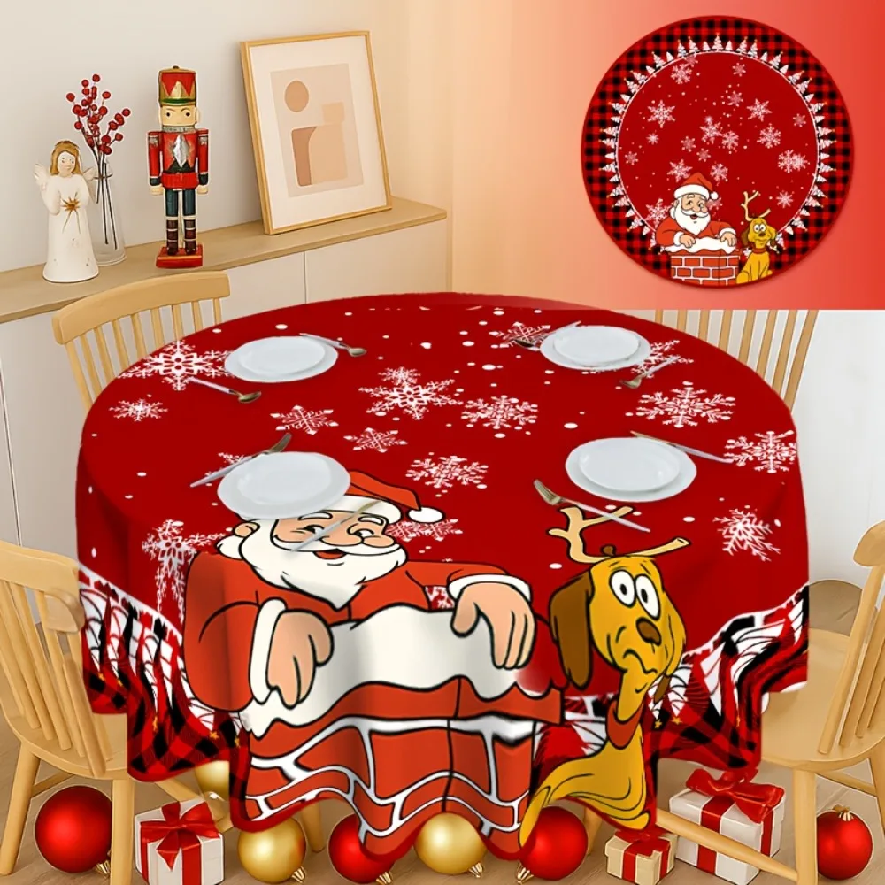 JIT 1pc Christmas round tablecloth with Santa, checked and snowflake motifs