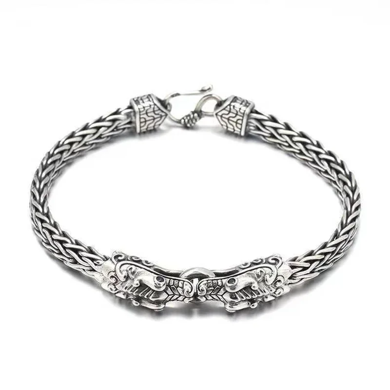 

925 Silver High-end Niche Design with Dual Bib Bracelet for Men's Hand Woven Retro Domineering Personality Bracelet