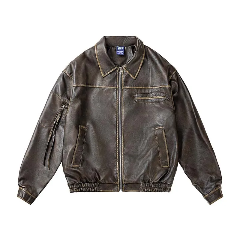 2024 New Trend Brand High end Retro Brushed Leather Jacket Loose and Versatile Motorcycle Style Jacket