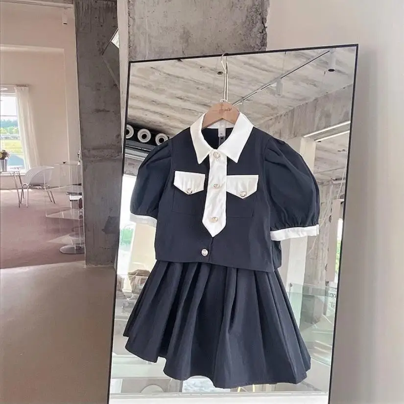 

Girl Summer New Puff Sleeve Sets Children Blazer Tops + Pleated Skirt 2pcs Suits Kids Casual Sets Teenage College Style Set Z766