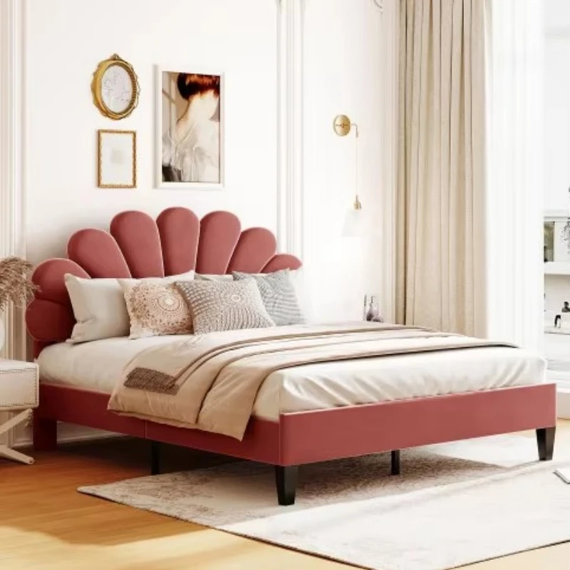 Red velvet cushioned thick-bottom bed with floral pattern headboard and bean paste, soft-style bedroom furniture storage