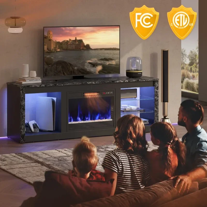 حامل تلفزيون Bestier Modern Electric 7 ألوان LED لأجهزة التلفاز حتى 70 بوصة، رخام أسود