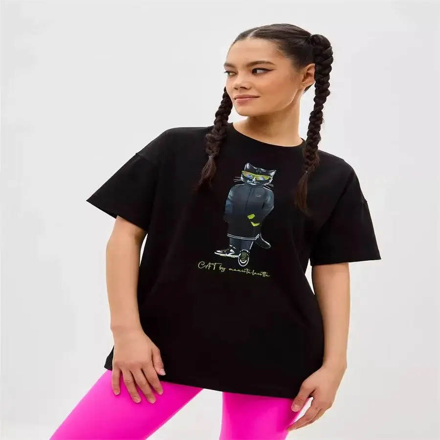 Little Black Cat Western-Style Kurzarm Casual T-Shirts für Damen – Vielseitige 100% Baumwolle Amerikanische Mode T-Shirts Sommer 2026