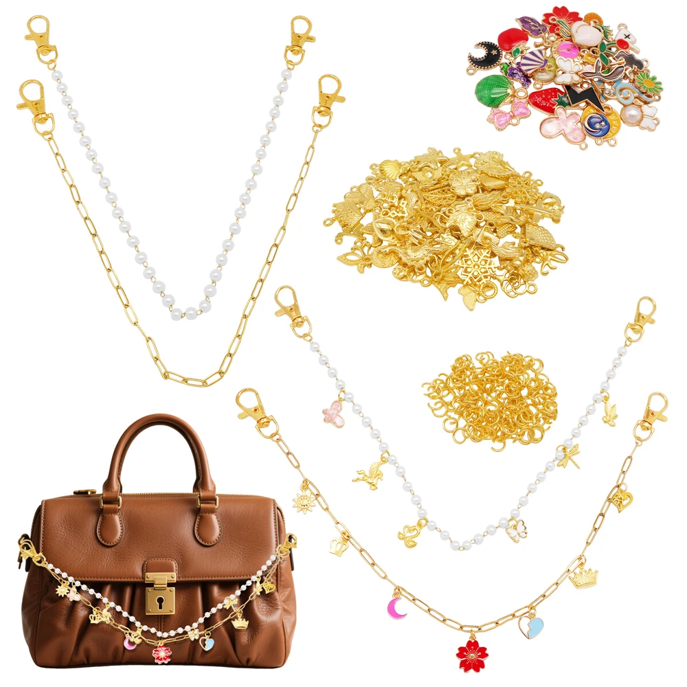 

DIY сумка цепь делая набор-166шт аксессуары, включая эмаль сплава шармы и искусственный жемчуг цепи и цепи из нержавеющей стали и Jump Rings